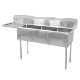 18GA Compartment Sinks, 3-Bowl, 1 Drainboard, 12″ Deep Bowl (E-SERIES) – 16″ x 20″ x 12″ – LH – 18″