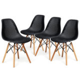 Plastic Hollowed-out Mid-Century Modern Wood-Leg Seat (Set of 4) – Black